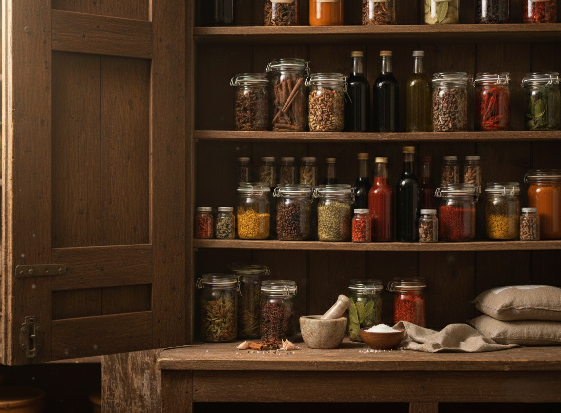 A pantry shelf filled with jars and ingredients