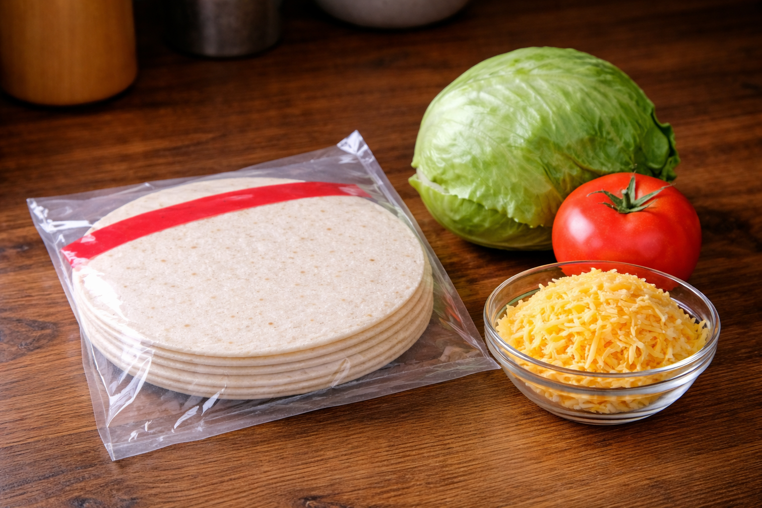 Packaged tortillas on a kitchen counter