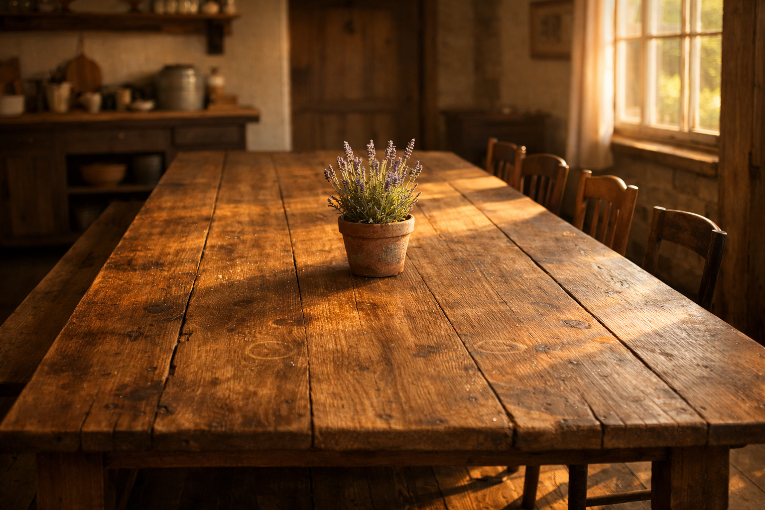 Long rustic farmhouse dining table in warm afternoon light with a small lavender plant