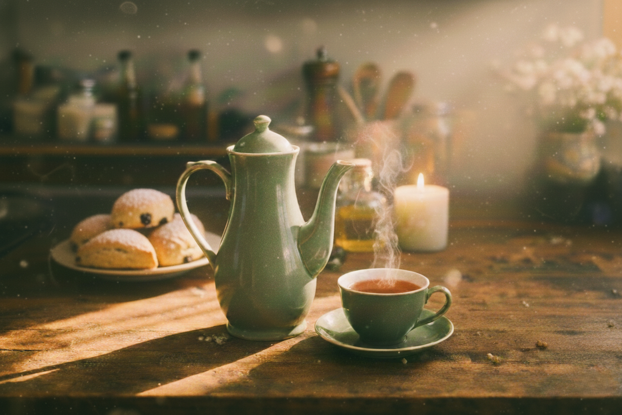 A teapot on a worn wooden counter with sunlight streaming in