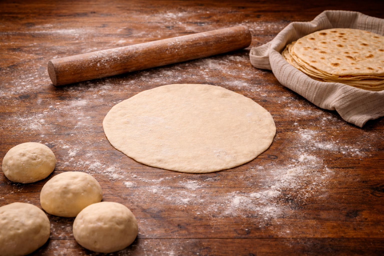 Rustic wooden countertop with flour and rolled tortilla dough