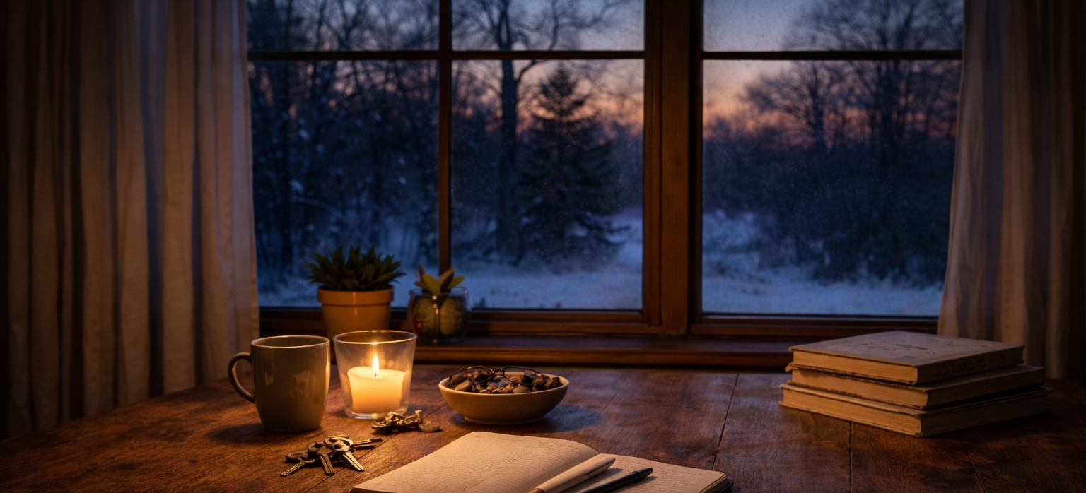 Twilight through a kitchen window over a cluttered table